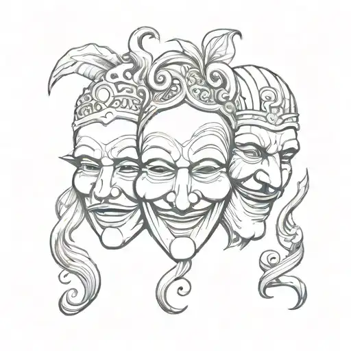 (see no evil,speak no evil, hear no evil) in the shape of the happy sad theatrical masks  tattoo design idea