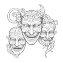 (see no evil,speak no evil, hear no evil) in the shape of the happy sad theatrical masks  tattoo design idea