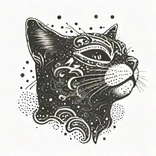 A silhouette of a person looking up at the clouds, with a Venetian cat mask overlaying their face tattoo design idea