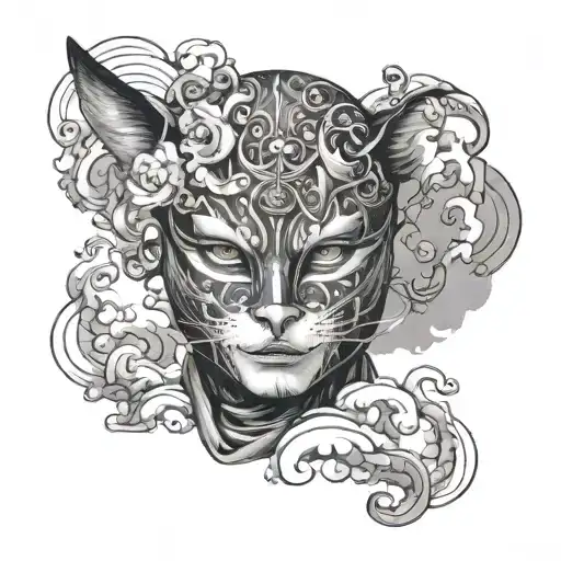 A surreal portrait of a man wearing a Venetian cat mask surrounded by swirling clouds and celestial objects tattoo design idea