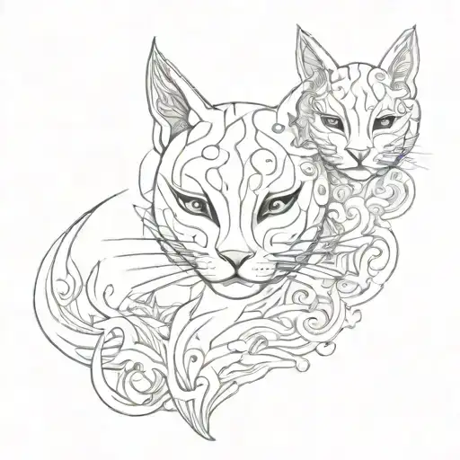 An abstract design of a human form blending into the sky, with elements of Venetian cat masks incorporated tattoo design idea