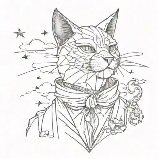 A sketch-style tattoo of a man wearing a Venetian cat mask reaching up towards the sky filled with whimsical creatures tattoo design idea