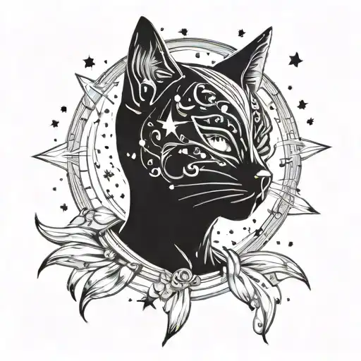 A human figure wearing a Venetian cat mask while gazing up at the night sky filled with stars tattoo design idea