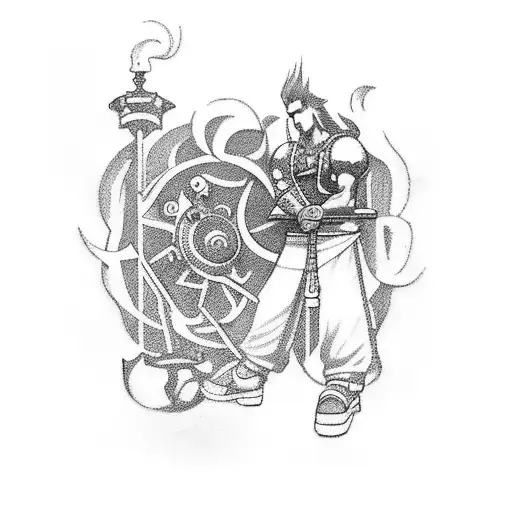 A tattoo of a Scagliola craftsman surrounded by symbols from Final Fantasy 7, rendered in a black-grey style tattoo design idea