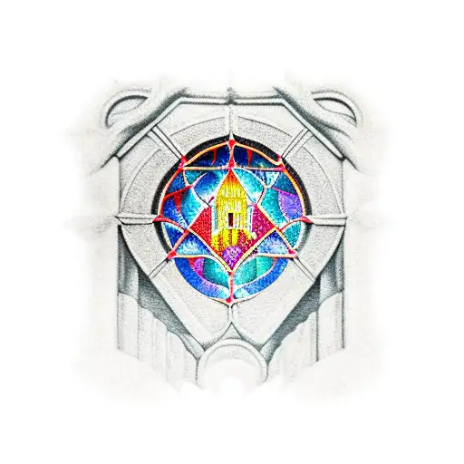smashed stain glass window, behind it, an upside down church on fire  tattoo design idea