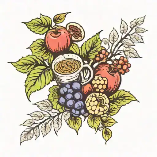 arm sleeve tattoo with hops vines, barley, wine grapes, apples, and coffee beans tattoo design idea