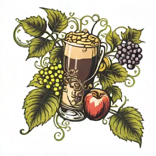arm sleeve tattoo with hop vines, barley, wine grapes, coffee, and apples  tattoo design idea