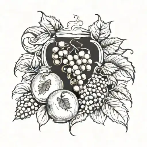 arm sleeve tattoo with hop vines, barley, wine grapes, coffee, and apples  tattoo design idea