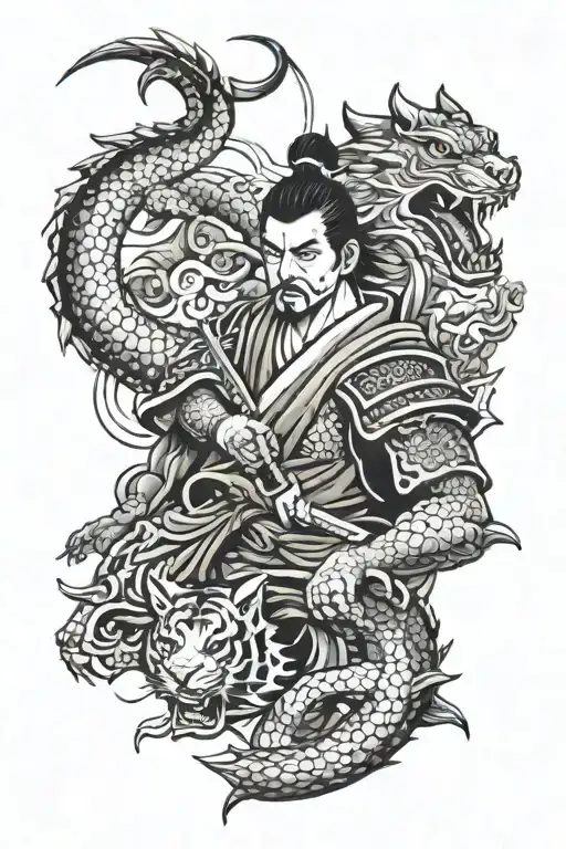 japan style , samurai, dragon, tiger, on shoulder tattoo design idea