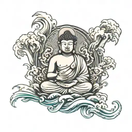 Tattoo of Buddha in the middle on the left side a dragon and on the right side some japanese water waves and in the back tattoo design idea