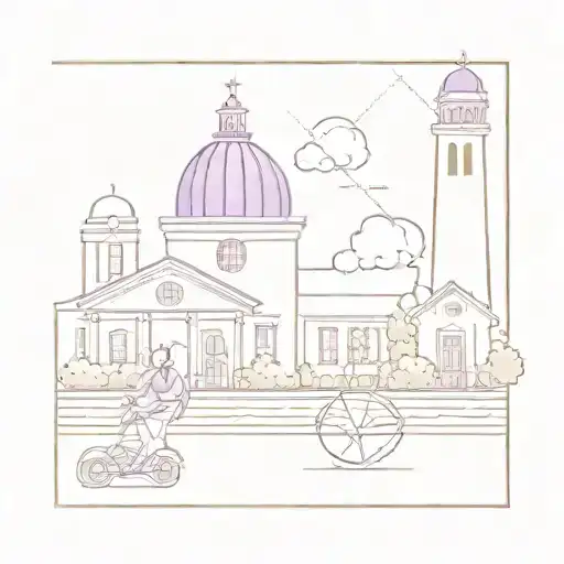 A minimalist tattoo design featuring a purple church and farmers market for grandma, and a white basketball and university campus for grandpa tattoo design idea