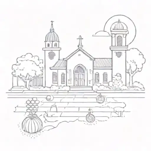 A minimalist tattoo design featuring a purple church and farmers market for grandma, and a white basketball and university campus for grandpa tattoo design idea