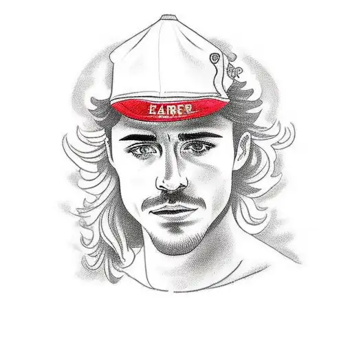 A tattoo of Charles Leclerc driving a Ferrari with Taylor Swift lyrics in the background tattoo design idea