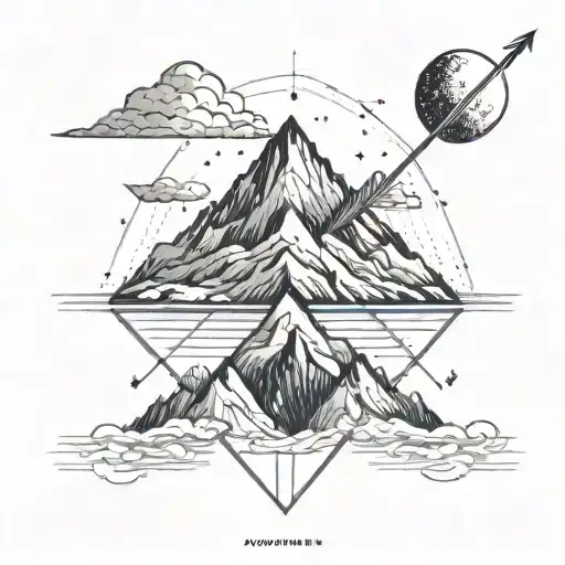 I want a mountain peaks with the moon behind them and an arrow underneath them. two geometric clouds that are raining an tattoo design idea