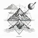 I want a mountain peaks with the moon behind them and an arrow underneath them. two geometric clouds that are raining an tattoo design idea