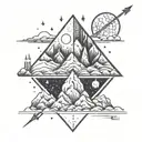 I want a mountain peaks with the moon behind them and an arrow underneath them. two geometric clouds that are raining an tattoo design idea