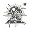 I want a mountain peaks with the moon behind them and an arrow underneath them. two geometric clouds that are raining an tattoo design idea