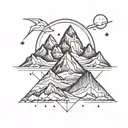 I want a mountain peaks with the moon behind them and an arrow underneath them. two geometric clouds that are raining an tattoo design idea