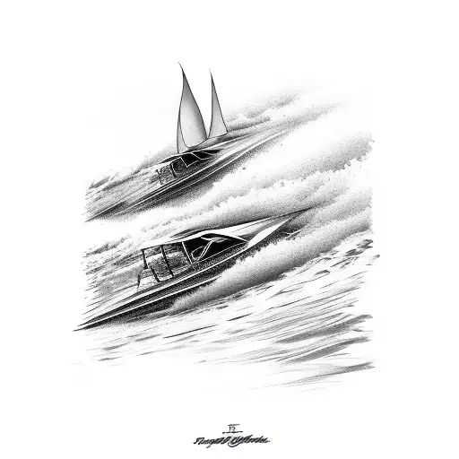 speed boat on flowing water tattoo design idea