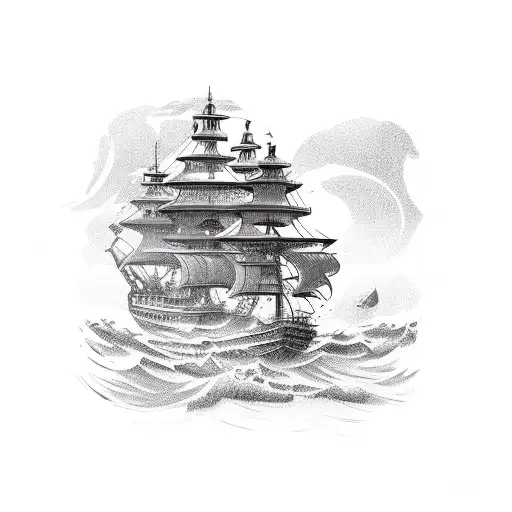 armband waves with modern ship tattoo design idea