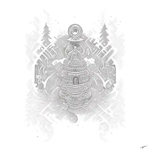 maze in a storm, holly tree, aurora lights tattoo design idea