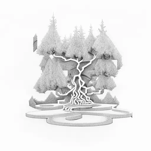 maze in a storm, holly tree, aurora lights tattoo design idea