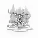 maze in a storm, holly tree, aurora lights tattoo design idea