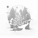 maze in a storm, holly tree, aurora lights tattoo design idea