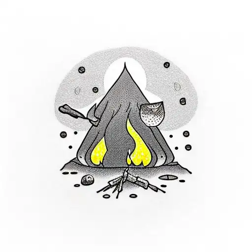 A dotwork tattoo of a campfire at sunset with an anime character roasting marshmallows tattoo design idea