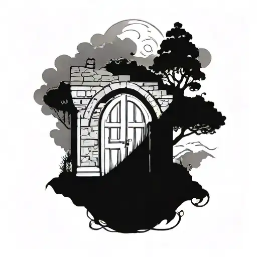 closed hobbit doors, dark and melancholical tattoo design idea