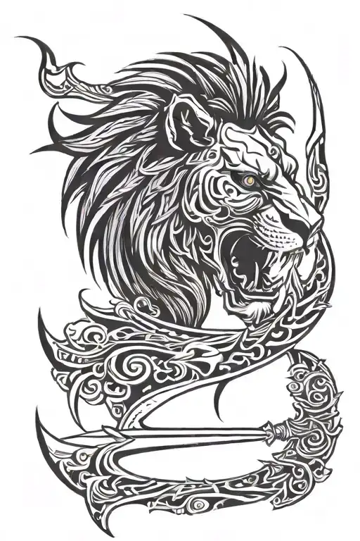 lion skull sword in closed mouth tattoo design idea