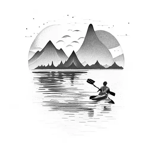 A serene landscape of a kayaker paddling through a calm river with mountains in the background tattoo design idea