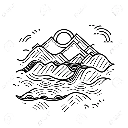 A serene landscape of a kayaker paddling through a calm river with mountains in the background tattoo design idea
