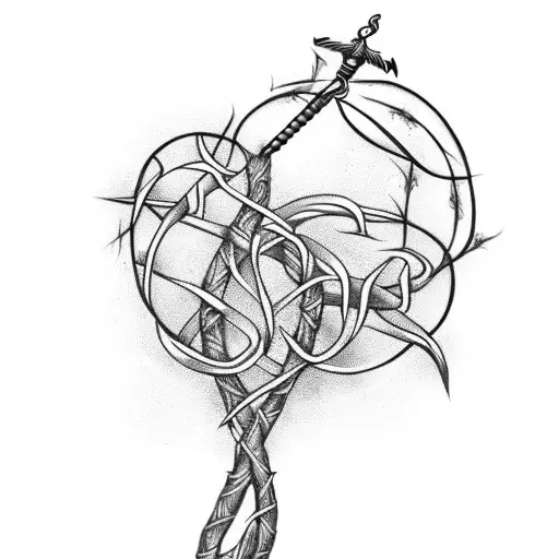 sword with vines and barbed wire wrapped around sword tattoo design idea