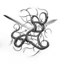 sword with vines and barbed wire wrapped around sword tattoo design idea