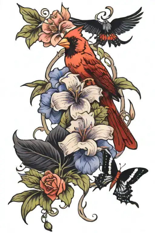 violets, lilies, and roses with a cardinal and a butterfly  tattoo design idea