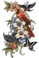 violets, lilies, and roses with a cardinal and a butterfly  tattoo design idea