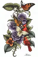 violets, lilies, and roses with a cardinal and a butterfly  tattoo design idea
