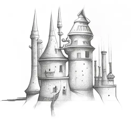 magic shop with chimney tattoo design idea