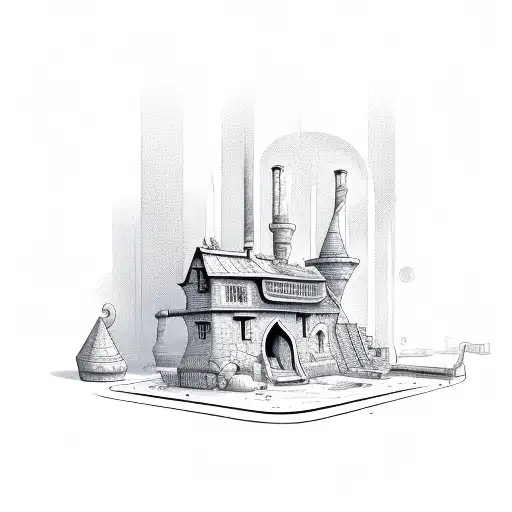 magic shop with chimney tattoo design idea