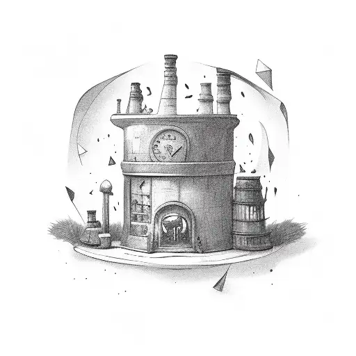 magic shop with chimney tattoo design idea