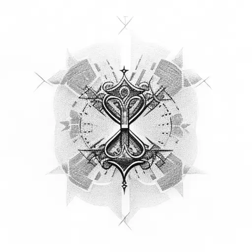 A dotwork tattoo of a cross made entirely of money symbols tattoo design idea