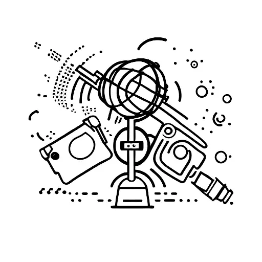 Ink a minimalist tattoo of a microphone with a camera lens as its base, symbolizing the fusion of journalism and videojournalism. tattoo design idea