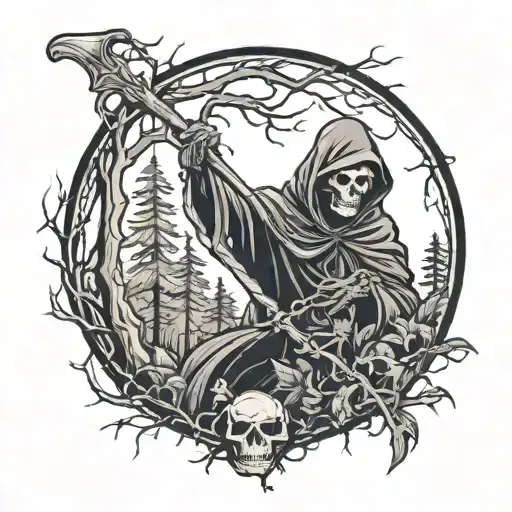 grim reaper in dark forest tattoo design idea