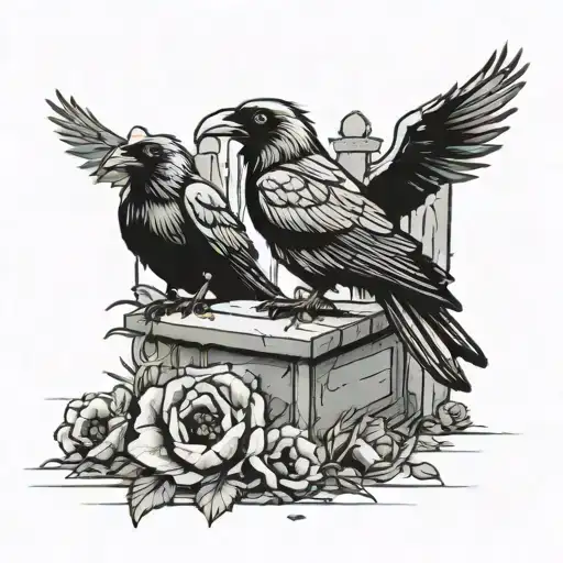 zombie ravens around a corpse that died sitting against  a tombstone.  the grave will be surrounded by opium poppies..   tattoo design idea