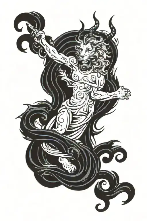  angel and lion with horns and blue waves in the background tattoo design idea