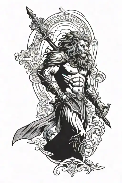  angel with a sword and gates in the background and lion with horns and blue waves in the background tattoo design idea