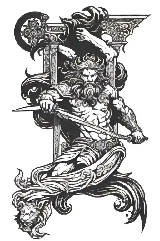  angel with a sword and gates in the background and lion with horns and blue waves tattoo design idea