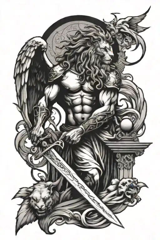  angel with a sword and gates in the background with a lion with horns and blue waves tattoo design idea