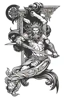  angel with a sword and gates in the background and lion with horns and blue waves tattoo design idea
